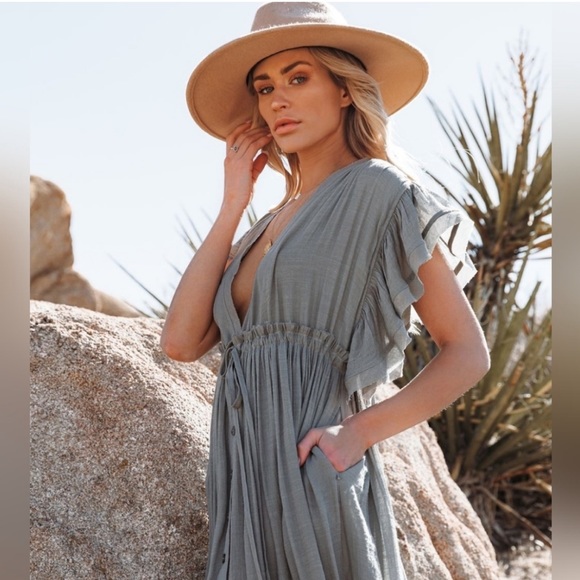 Heather Grey Boho Gauze Button Front Flutter Sheer Maxi Dress W/Adjustable Waist - Picture 6 of 7